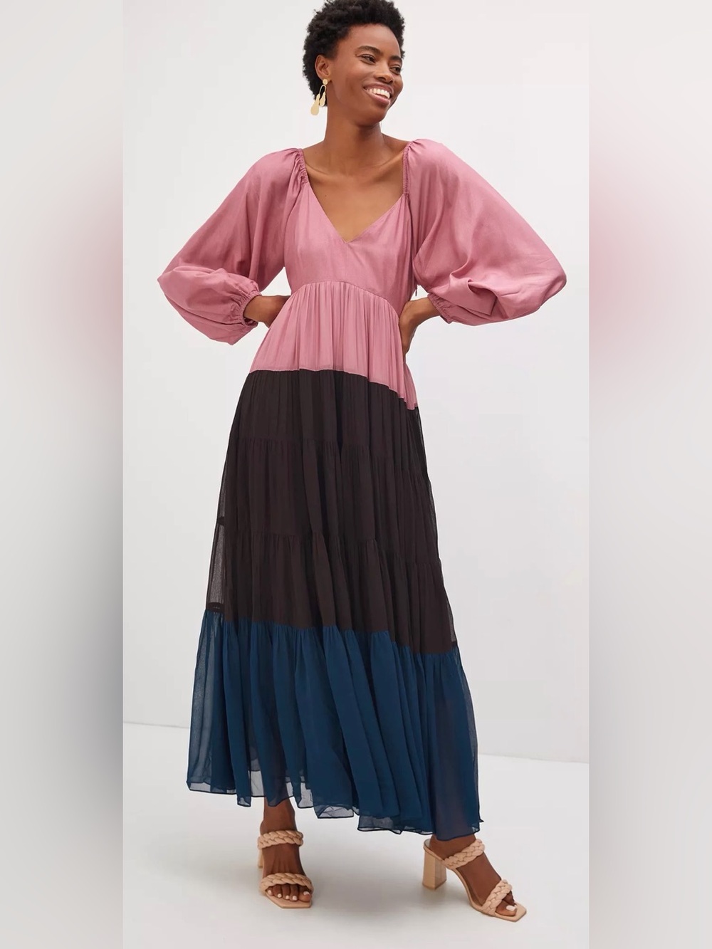 Anthropologie Pink, brown andBlue Tiered V-Neck Maxi Dress